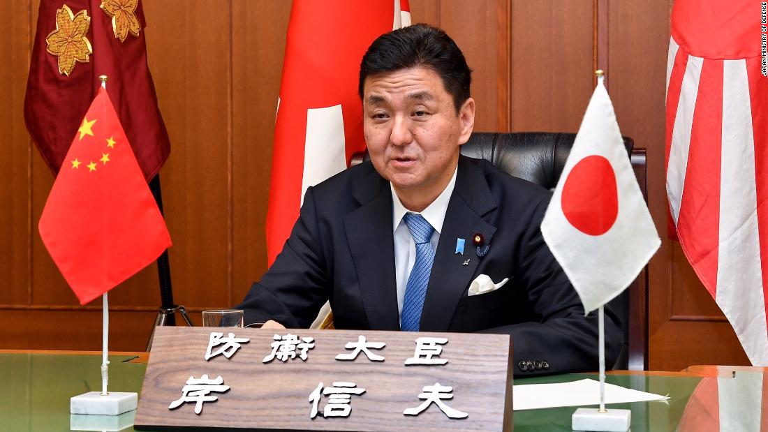 Japan&#39;s Defense Minister Nobuo Kishi holds a video conference with his Chinese counterpart Wei Fenghe on December 27.