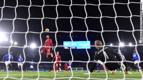 Salah cannot convert the rebound following his saved penalty.