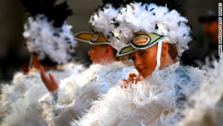 Noelle Cantrell, 11, of the Clevemore Fancy Brigade Mummers, lines up to join the parade on January 1, 2019 in Philadelphia.