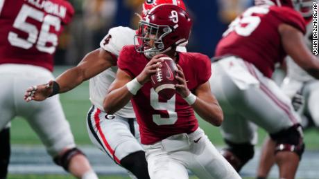 Alabama quarterback Bryce Young (9) works against Georgia during the second half of the Southeastern Conference championship NCAA game Dec. 4, 2021, in Atlanta.