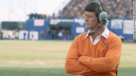 Head coach Dan Reeves of the Denver Broncos looks on from the sideline during a playoff game against the Pittsburgh Steelers at Mile High Stadium on December 30, 1984, in Denver.