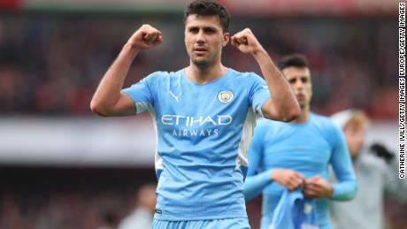 Rodri celebrates after Manchester City's 2-1 win over Arsenal.