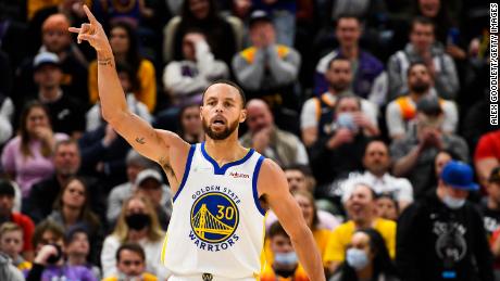Stephen Curry #30 of the Golden State Warriors celebrates a three-point shot during the second half of a game against the Utah Jazz at Vivint Smart Home Arena on January 01, 2022 in Salt Lake City, Utah. 
