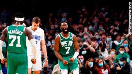 Jaylen Brown reacts after scoring in overtime against the Orlando Magic at TD Garden on January 2, 2022.