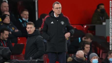 Ralf Rangnick looks on during the match against Wolverhampton Wanderers at Old Trafford on January 3, 2022.