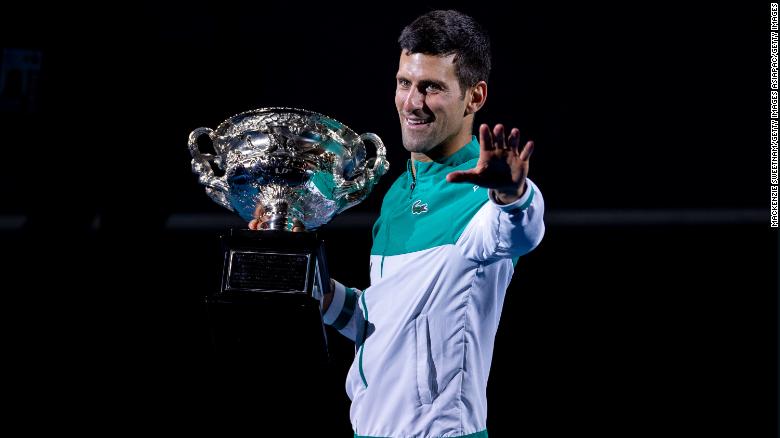 Djokovic celebrates winning the Australian Open at Melbourne Park on February 21, 2021.