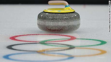 A picture of a curling stone and the Olympic Rings during the PyeongChang 2018 Winter Olympic Games.