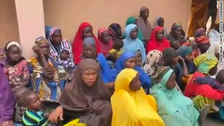 Women and children rescued from kidnappers in Nigeria&#39;s northwestern Zamfara State in January 2022.