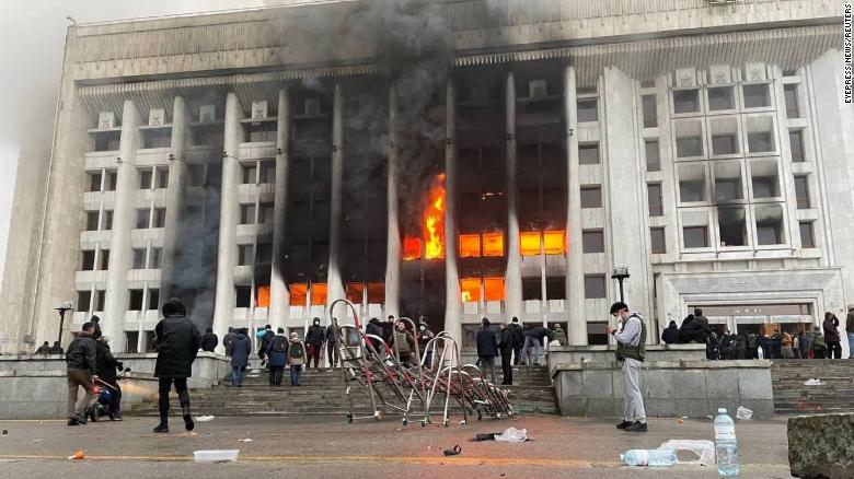 Protesters set fire to the city administration building in Almaty, Kazakhstan, on Wednesday, January 5.