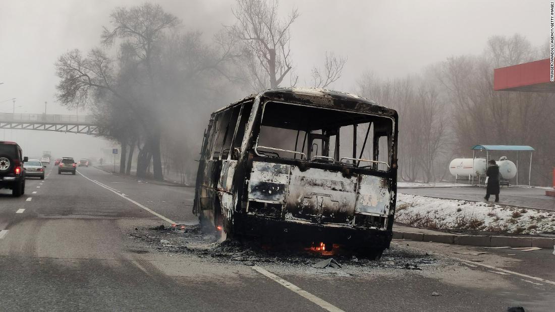 A burned bus is seen in Almaty on January 5.