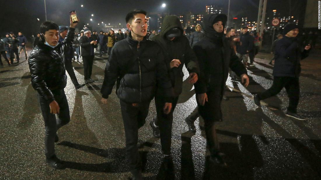 People take part in a protest in Almaty on January 4.