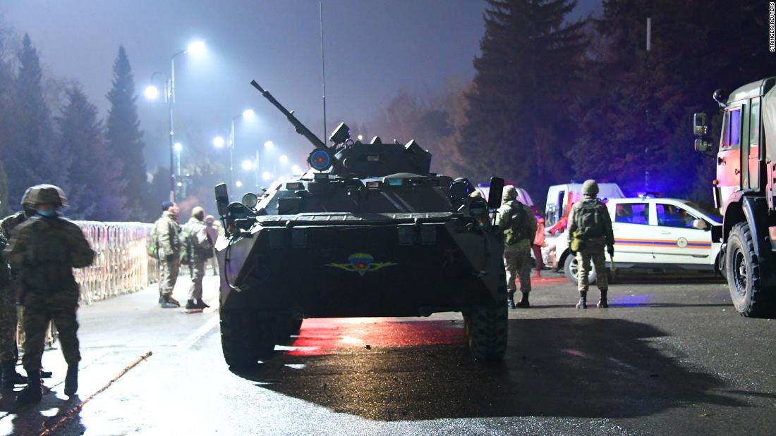 An armored vehicle is stationed near the mayor&#39;s office in Almaty.
