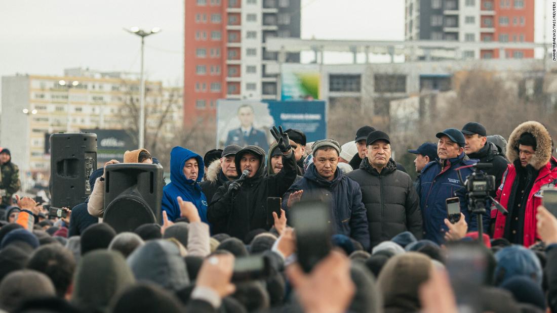 People protest in Aktau, Kazakhstan, on January 4.