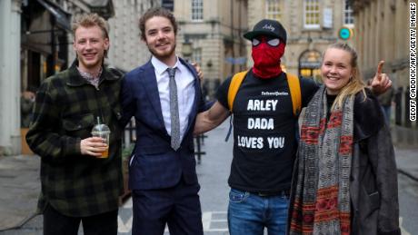 (L-R) Milo Ponsford, Sage Willoughby, Jake Skuse and Rhian Graham, collectively known as the &quot;Colston 4,&quot; pose for a photograph outside Bristol Crown Court during the trial. 