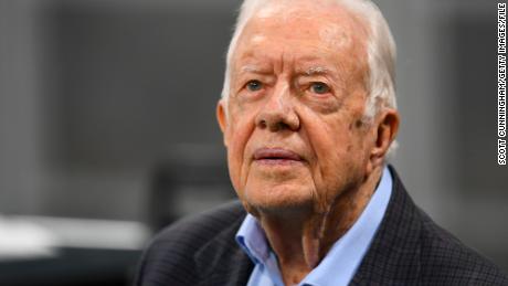 ATLANTA, GA - SEPTEMBER 30: Former president Jimmy Carter prior to the game between the Atlanta Falcons and the Cincinnati Bengals at Mercedes-Benz Stadium on September 30, 2018 in Atlanta, Georgia. (Photo by Scott Cunningham/Getty Images)