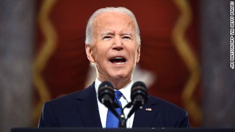 US President Joe Biden speaks at the US Capitol on January 6, 2022, to mark the anniversary of the attack on the Capitol in Washington, DC. - Thousands of supporters of then-president Donald Trump stormed the Capitol on January 6, 2021, in a bid to prevent the certification of Biden&#39;s election victory. (Photo by Jim WATSON / AFP) (Photo by JIM WATSON/AFP via Getty Images)