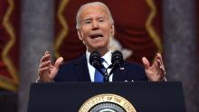 US President Joe Biden speaks at the US Capitol on January 6, 2022, to mark the anniversary of the attack on the Capitol in Washington, DC. - Thousands of supporters of then-president Donald Trump stormed the Capitol on January 6, 2021, in a bid to prevent the certification of Biden&#39;s election victory. (Photo by Jim WATSON / AFP) (Photo by JIM WATSON/AFP via Getty Images)