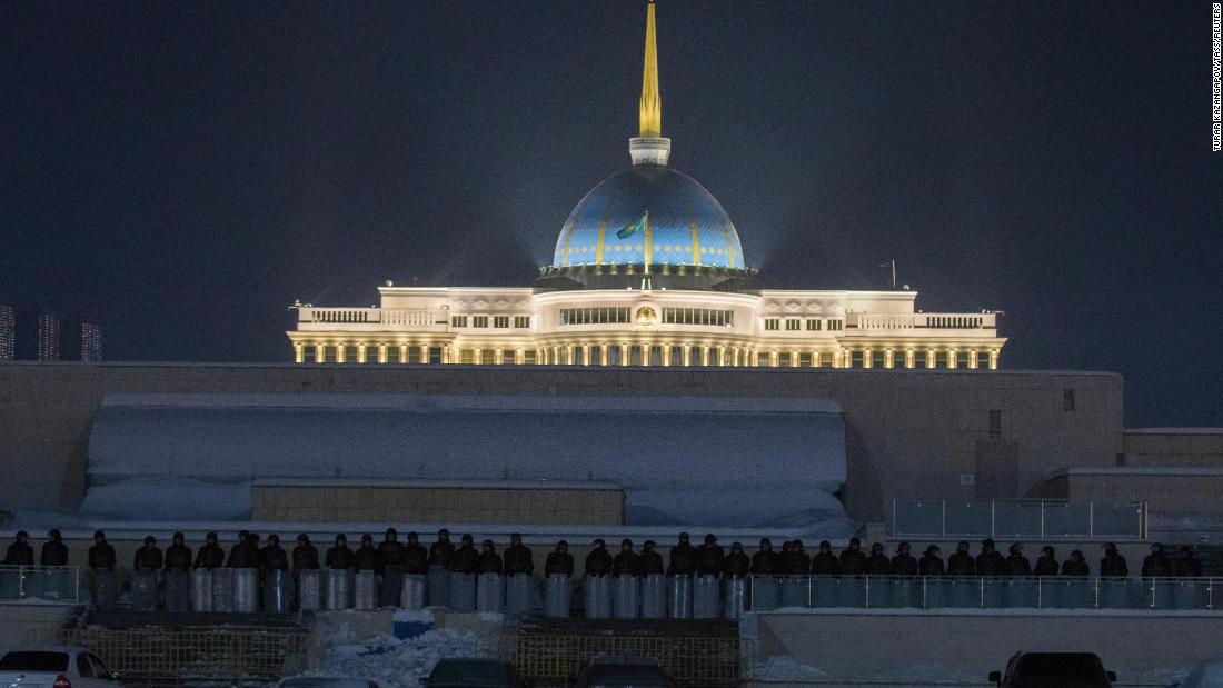 Police guard the Ak Orda Presidential Palace in Nur-Sultan, Kazakhstan, on January 5.