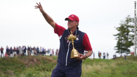 Steve Stricker waves to the crowd after the US victory in the 2021 Ryder Cup.