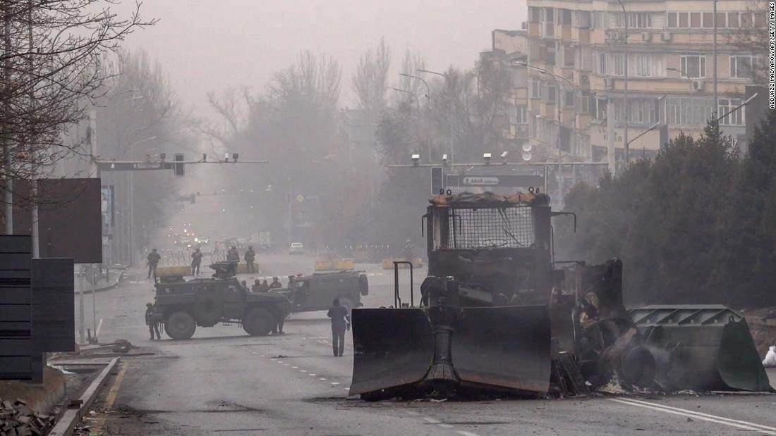 Military vehicles block a street in central Almaty on January 7.