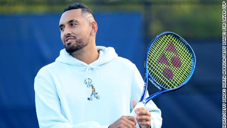 Kyrgios is seen running a kids tennis clinic in Boston ahead of last year&#39;s Laver Cup.