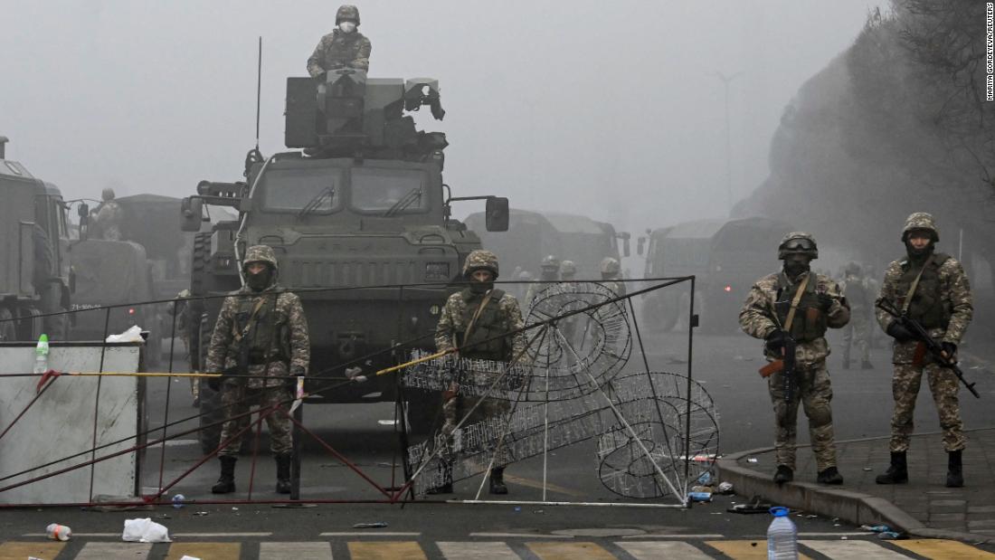 Troops are seen at the main square in Almaty on January 6.