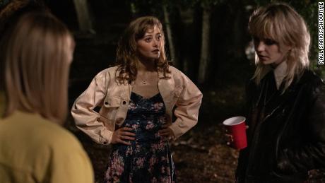 Ella Purnell as Teen Jackie and Sophie Thatcher as Teen Natalie in &quot;Yellowjackets.&quot; 