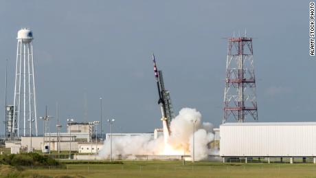 A sounding rocket is seen launching from Wallops, Virginia, in 2018. 