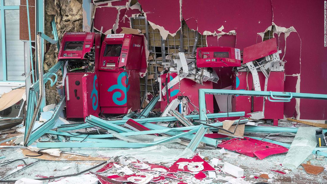 A bank in central Almaty is seen destroyed on January 8.