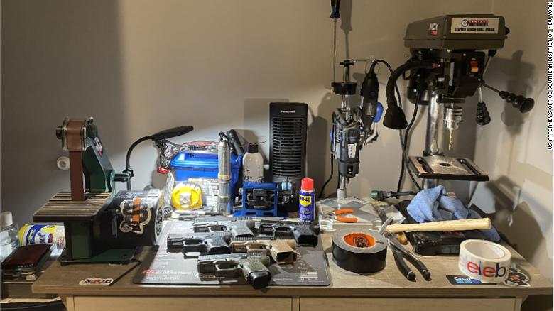 A photo prosecutors say was recovered from Robert Alcantara&#39;s phone showing machinery, including a sanding belt, hydaulic drill press, and dremel tool, all tools used to machine ghost guns.