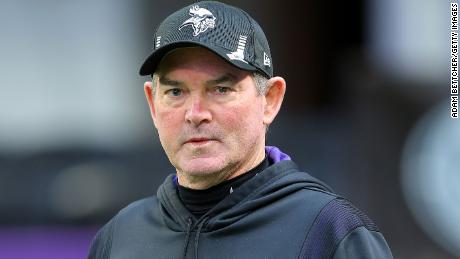 Zimmer looks on during warm ups prior to the game against the Chicago Bears.