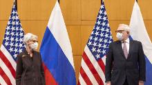 US Deputy Secretary of State Wendy Sherman (L) and Russian deputy Foreign Minister Sergei Ryabkov (R) pose for pictures as they attend security talks on soaring tensions over Ukraine, at the US permanent Mission, in Geneva, on January 10, 2022. - A top Russian official said he had a &quot;difficult&quot; conversation with his US counterpart on January 9, 2022 as preliminary talks on Ukraine got under way amid fears of a Russian invasion of its pro-Western neighbor. &quot;The conversation was difficult, it couldn&#39;t have been easy,&quot; Russian Deputy Foreign Minister Sergei Ryabkov was quoted as saying by the Interfax news agency after meeting US Deputy Secretary of State Wendy Sherman during a working dinner in Geneva. (Photo by DENIS BALIBOUSE / POOL / AFP) (Photo by DENIS BALIBOUSE/POOL/AFP via Getty Images)