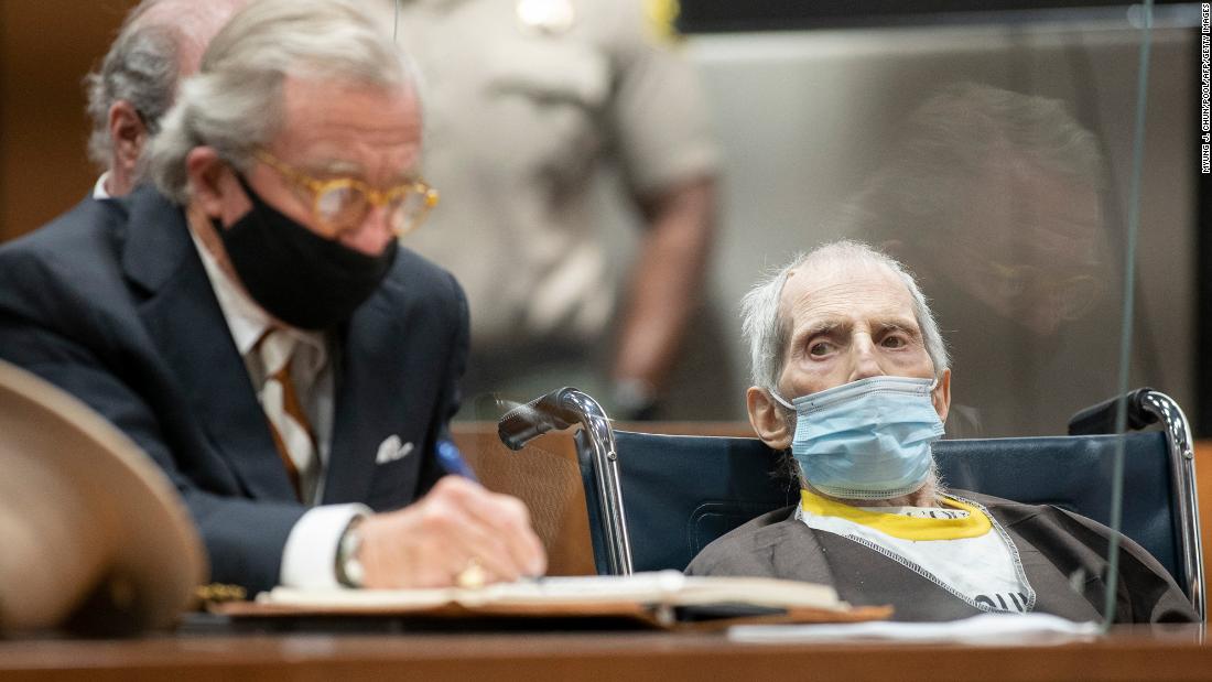 Durst sits next to defense attorney Dick DeGuerin in October 2021 as he is sentenced to life without parole for the killing of Susan Berman.