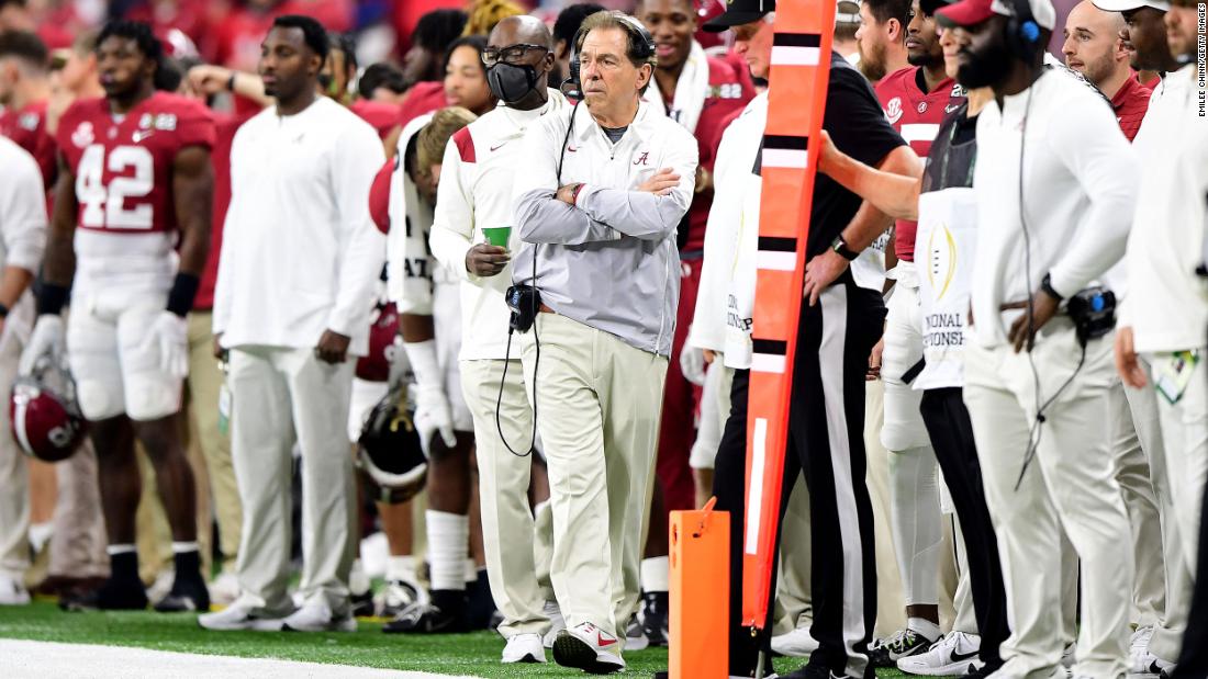 Saban watches the game in the first half.