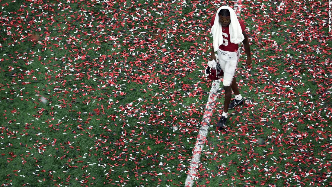 Alabama&#39;s Khyree Jackson walks off the field after the game.