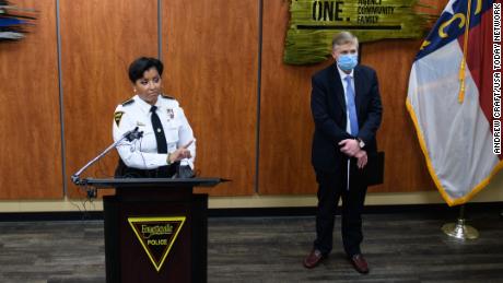Fayetteville Police Chief Gina Hawkins (left) and Cumberland County District Attorney Billy West take questions about the shooting death of Jason Walker by an off-duty deputy with the Cumberland County Sheriff&#39;s Office.