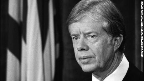 President Jimmy Carter  giving a speech on the economy and inflation in March 1980.