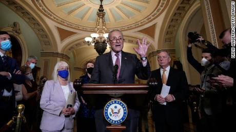 WASHINGTON, DC - SEPTEMBER 28: Senate Majority Leader Chuck Schumer (D-NY) speaks to reporters after a lunch meeting with Senate Democrats at the U.S. Capitol on September 28, 2021 in Washington, DC. Senator Schumer and the Democrats spoke on a range of issues, including the debt ceiling, the $1 trillion bipartisan infrastructure bill and the $3.5 trillion spending and social safety net package. (Photo by Drew Angerer/Getty Images)