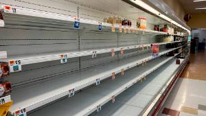 View of empty shelves at a local Giant supermarket as the omicron covid variant causes widespread supply chain delays resulting in empty shelves in many food markets on January 9, 2022 in Alexandria, Virginia. 