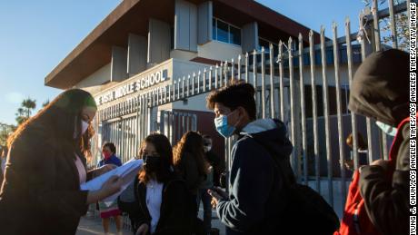 Students return to Olive Vista Middle School on Tuesday in Sylmar, California.