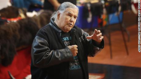 Clyde Bellecourt spoke during an all-night visitation for AIM co-founder Dennis Banks, at the American Indian Center in Minneapolis in 2017.