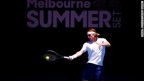 Tsitsipas plays a forehand during a practice session during the seventh day of the Melbourne Summer Events at Melbourne Park.