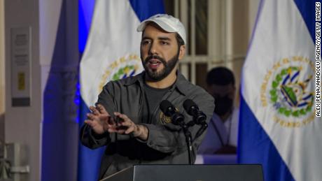 El Salvador&#39;s President Nayib Bukele speaks at a press conference in San Salvador earlier this month.