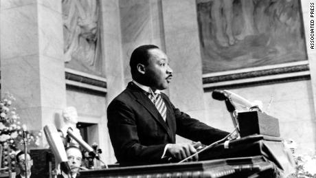 The Rev. Martin Luther King Jr. delivers his Nobel Peace Prize acceptance speech in Oslo, Norway, on December 10, 1964. 