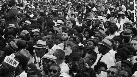 A crowd gathers at the Lincoln Memorial to hear King and other March on Washington speakers in 1963. 