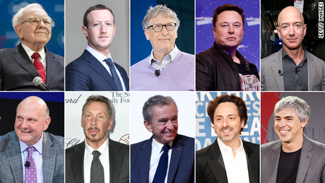Left to right, from top: Warren Buffett, Mark Zuckerberg, Bill Gates, Elon Musk, Jeff Bezos, Steve Ballmer, Larry Ellison, Bernard Arnault, Sergey Brin, Larry Page. 