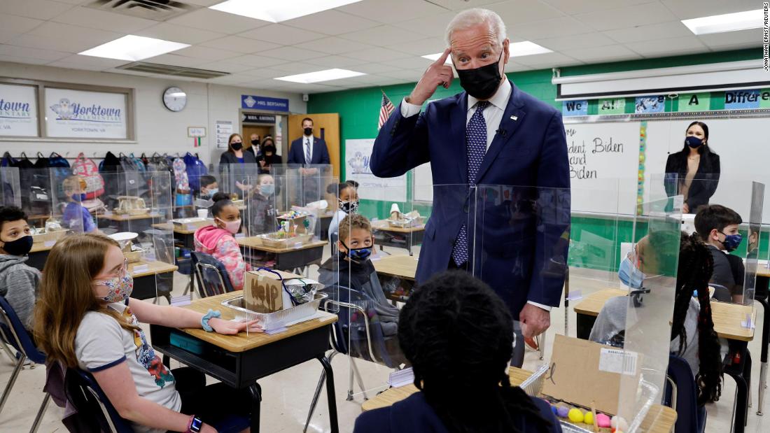 Biden points to his hair on May 3 after a student in Yorktown, Virginia, told him she wanted to be a hairstylist when she grows up.&lt;br /&gt;&lt;br /&gt;Biden and the first lady also visited a community college in Virginia &lt;a href=&quot;https://www.cnn.com/2021/05/03/politics/biden-economic-proposals-virginia-schools/index.html&quot; target=&quot;_blank&quot;&gt;to promote his sweeping economic proposals&lt;/a&gt; and how they would benefit schools if signed into law.&lt;br /&gt;&lt;br /&gt;He touted his $1.8 trillion American Families Plan as &quot;a once-in-a-generation investment in our families, in our children, that addresses what people care most about and most need: the investment we need to win the competition, the competition with other nations in the future.&quot;
