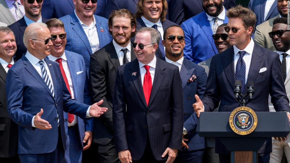 Biden laughs at a joke made by quarterback Tom Brady, who was visiting the White House along with his Tampa Bay Buccaneers teammates on July 20. One of Brady&#39;s jokes was about those who continue to deny that Biden won the 2020 election. &lt;br /&gt;&lt;br /&gt;&quot;Not a lot of people think that we could have won (the Super Bowl). In fact, I think about 40% of people still don&#39;t think we won. You understand that, Mr. President?&quot; Brady said to laughter. &lt;br /&gt;&lt;br /&gt;Biden responded, &quot;I understand that.&quot; 