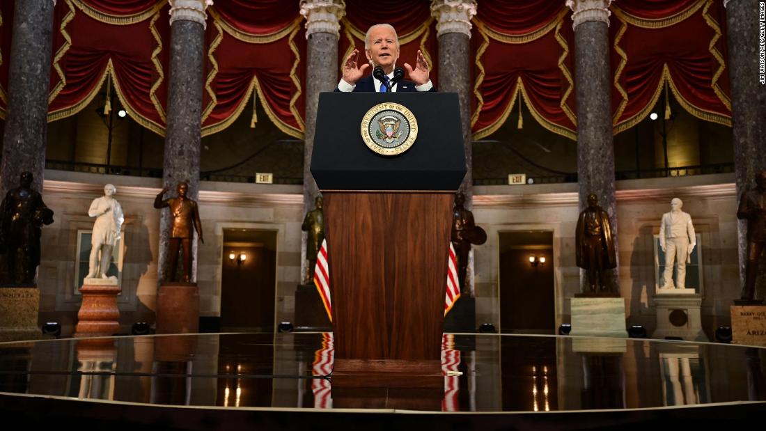 Biden speaks from the US Capitol&#39;s Statuary Hall on January 6 to mark the one-year anniversary of the &lt;a href=&quot;https://www.cnn.com/2022/01/03/politics/gallery/january-6-capitol-insurrection/index.html&quot; target=&quot;_blank&quot;&gt;Capitol riot. &lt;/a&gt;It has now been more than a year since supporters of Donald Trump breached the Capitol, attacking officers and destroying parts of the building in what was a stunning display of insurrection. &lt;br /&gt;&lt;br /&gt;In his remarks, Biden forcefully called out Trump for attempting to undo American democracy. &quot;For the first time in our history, a President had not just lost an election. He tried to prevent the peaceful transfer of power as a violent mob reached the Capitol,&quot; Biden said. &quot;But they failed. They failed. And on this day of remembrance, we must make sure that such an attack never, never happens again.&quot;&lt;br /&gt;&lt;br /&gt;This photo was taken by Jim Watson, who works for the wire service Agence France-Presse and was also in Biden&#39;s press pool when the riot was taking place last year.&lt;br /&gt;&lt;br /&gt;&quot;I felt incredibly lucky that I was with him both days recording each historic event,&quot; Watson said. &quot;This photo, to me, is proof that our democracy has survived and moved on from that day but has not forgotten it.&quot;
