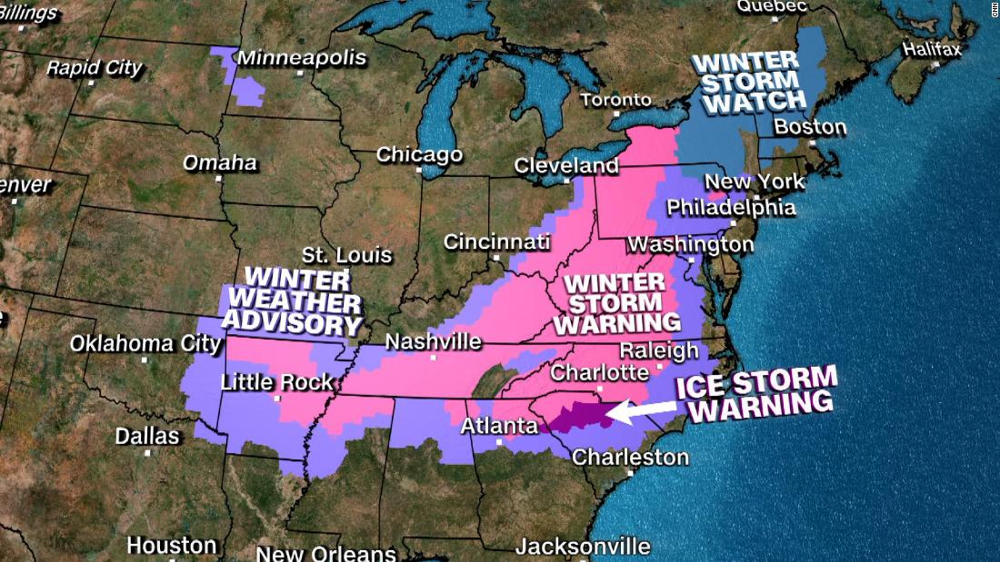 Dangerous ice storm, heavy snowfall and potential travel woes and power outages expected in the Southeast